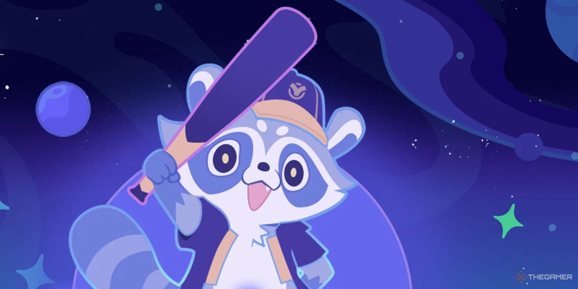 El logotipo principal y el personaje mapache del evento The Legend of Galactic Baseballer de Honkai: Star Rail.