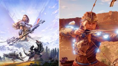 Split image of Aloy in the clouds for horizon promo and Aloy knocking an arrow in her bow to hunt an enemy