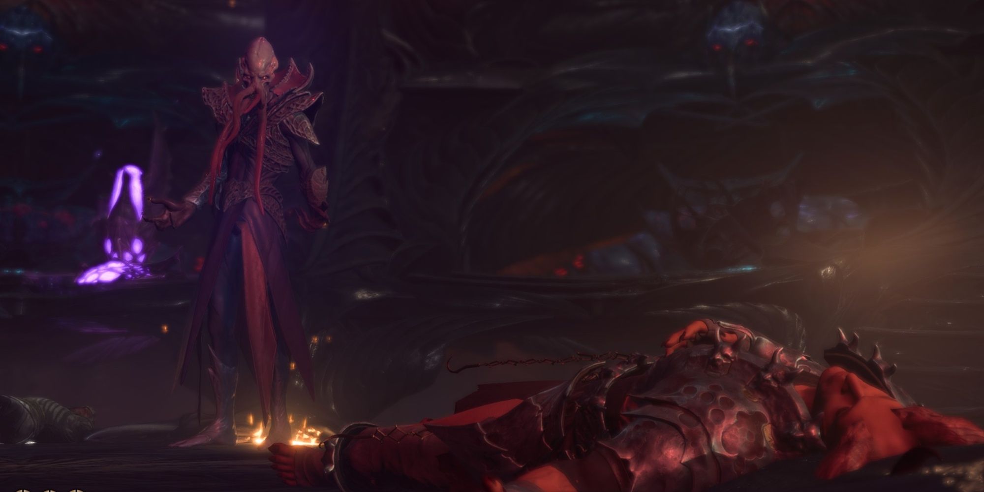 Mind Flayer se encuentra sobre el cuerpo del derrotado Cambion en la primera escena de batalla contra el jefe
