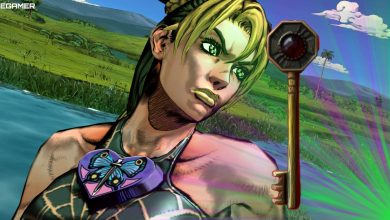 Jolyne Cujoh stands in the Everglades, looking at a key enshrouded in purple and green light. Custom image for JoJo's Bizarre Adventure ASBR.