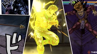 Three panels feature various arena gimmicks, including a statue come to life, lightning strikes, and a vampiric henchman, from JoJo's Bizarre Adventure ASBR.