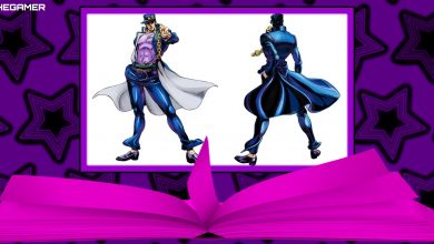 A reference sketch of Jotaro Kujo emerges from a dark-pink book. The background is adorned with dark-purple stars. Custom image for JoJo's Bizarre Adventure ASBR.