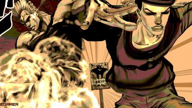 A sepia-toned image with Polnareff crushed into a water tower on the right and Josuke (8) getting hurled into a sign on the left. Custom image for JoJo's Bizarre Adventure: ASBR.