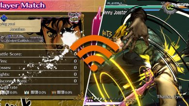 [Panel 1] A player card featuring Jonathan Joestar's face. [Panel 2] Diego Brando gets assaulted by Johnny Joestar's stand, Tusk, in a battle on the Philadelphia Coastline. [Foreground] An orange wi-fi signal with a black shadow. Custom image for Jojo's Bizarre Adventure- ASBR.