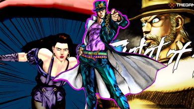 Background: [Panel 1] Lisa Lisa unleashes her Hamon infused scarf. [Panel 2] Old Joseph Joestar charges Hamon to unleash a powerful attack. Foreground: Jotaro Kujo points forward in a confident pose. Custom Image for Jojo's Bizarre Adventure ASBR.