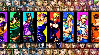 The eight Jojos from the Jojo's Bizarre Adventure manga stand against tiles featuring the cast of ASBR.