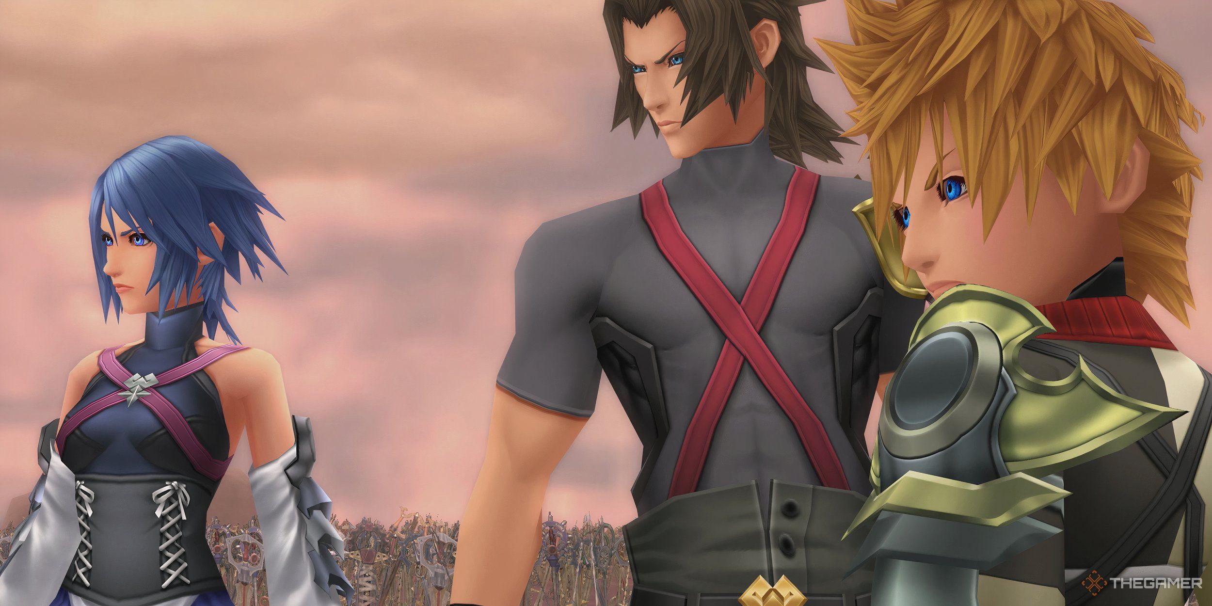 Kingdom Hearts Birth By Sleep Aqua, Terra y Ventus en el cementerio de llaves espada