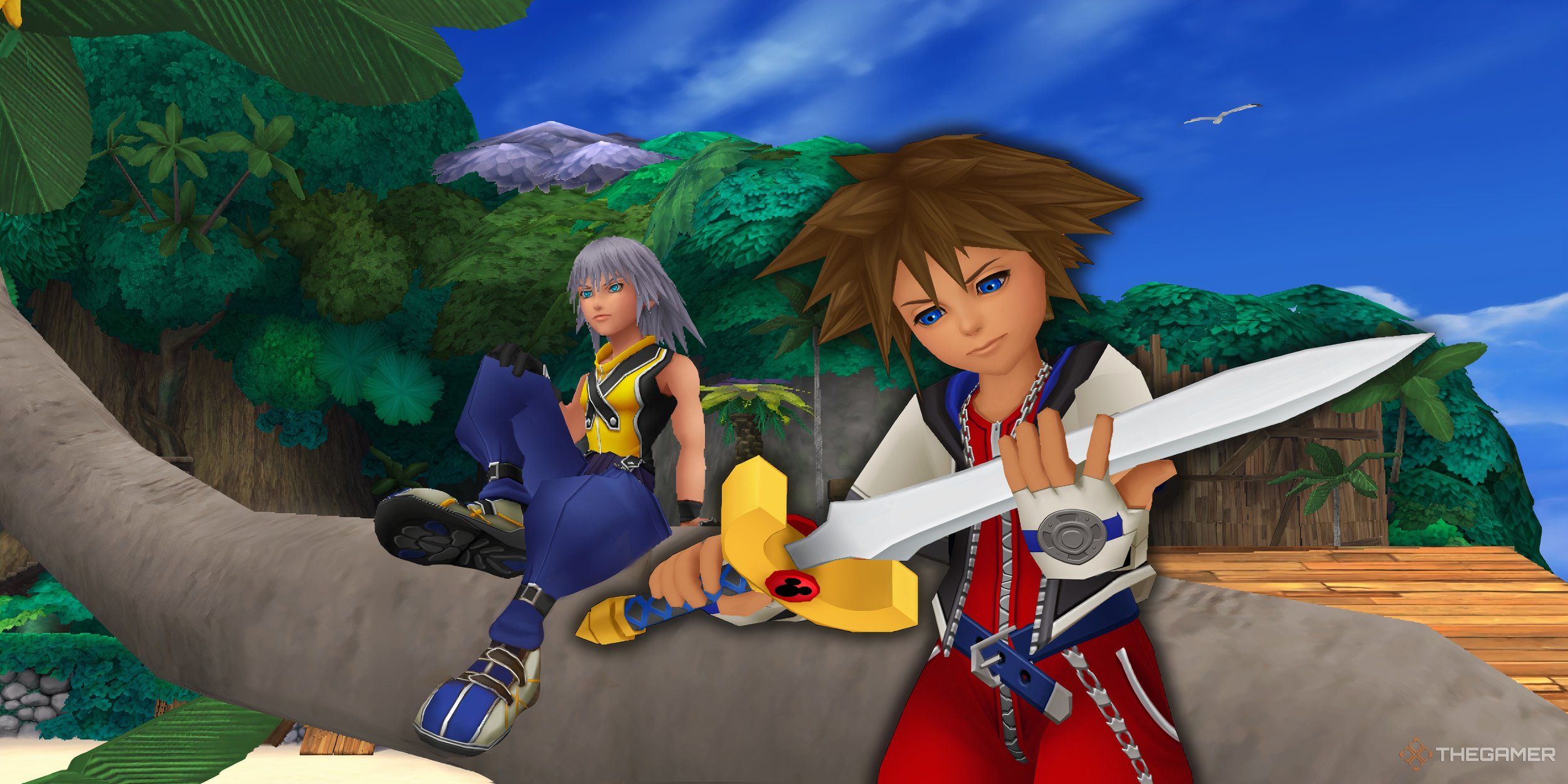 Kingdom Hearts Sora examinando una espada con Riku al fondo