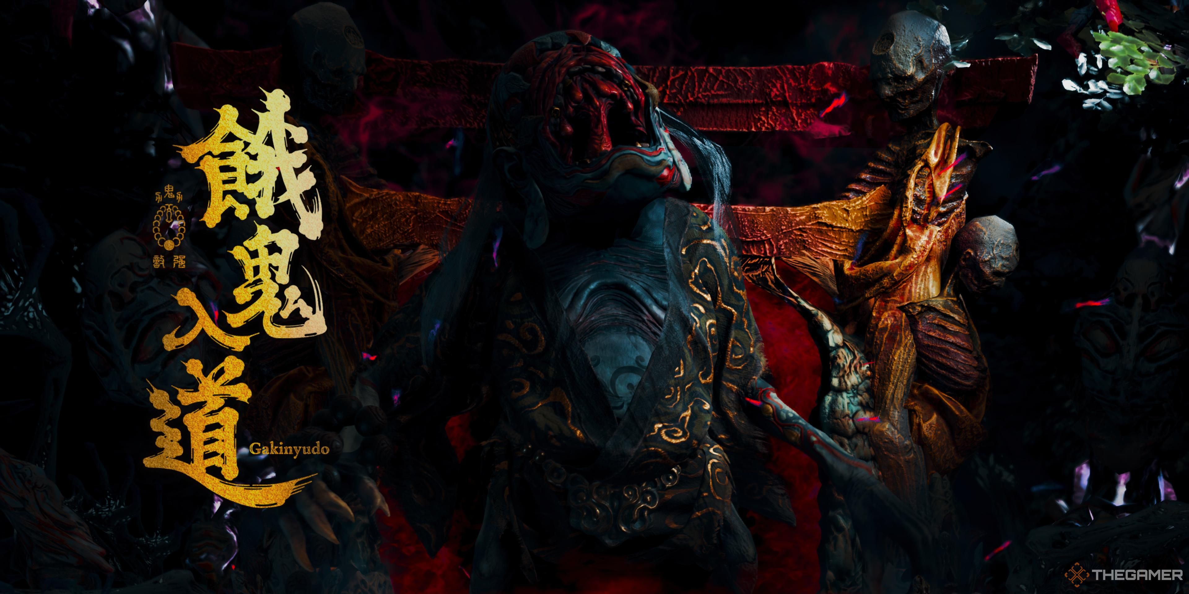 Gakinyudo se presenta junto con su nombre en japonés en Kunitsu-Gami: Path of the Goddess