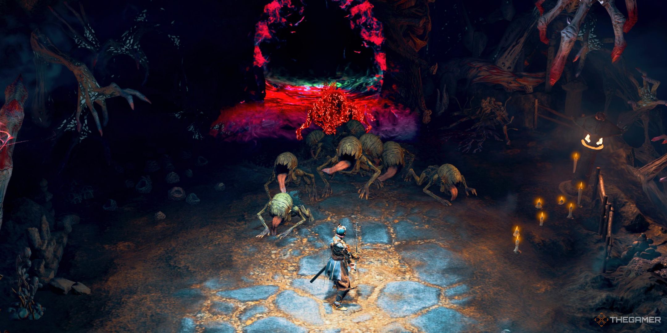 Sendero Kunitsu-Gami de la Diosa. Soh se enfrenta a un ejército de Seethe que sale en tropel por la puerta Torii de la Caverna Yuan.