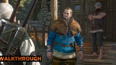 A man in a blue tunic rounds on Geralt as another person looks at the pair in the background.