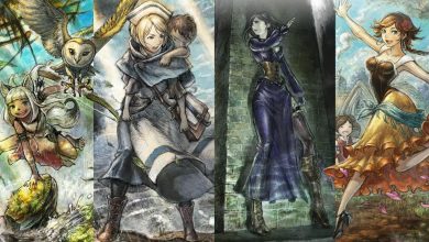 A collage of images showcasing the portraits of some of the main characters of Octopath Traveler 2. From left to right you have: Ochette, Castti, Throné, and Agnea.