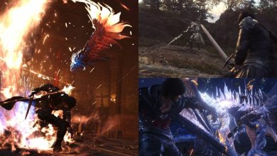 A collage of images of Clive in various combat encounters, using several Eikonic Abilities to best his opponent in Final Fantasy 16