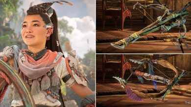 Seyka, the Tie That Binds Ropecaster, and the Eye Of The Storm hunter bow in Horizon Forbidden West Burning Shores