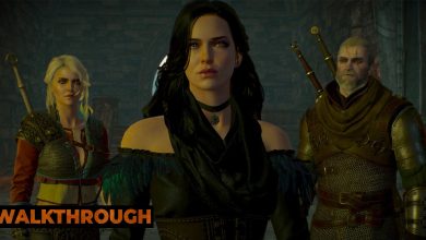 Geralt, Yennefer, and Ciri line up in a close shot within a dark cave.