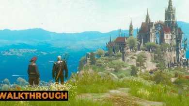 A screenshot of Geralt and a painter standing on a scenic hill overlooking Beauclair.