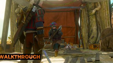 Geralt stands confidently with his sword drawn as a bandit wearing heavy armor and wielding a large hammer approaches.