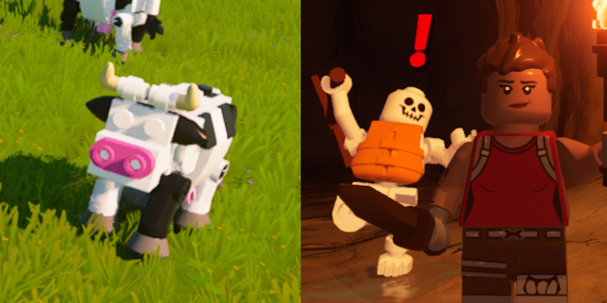 Vaca LEGO Fortnite sobre hierba y esqueleto a punto de atacar al jugador en la cueva por detrás