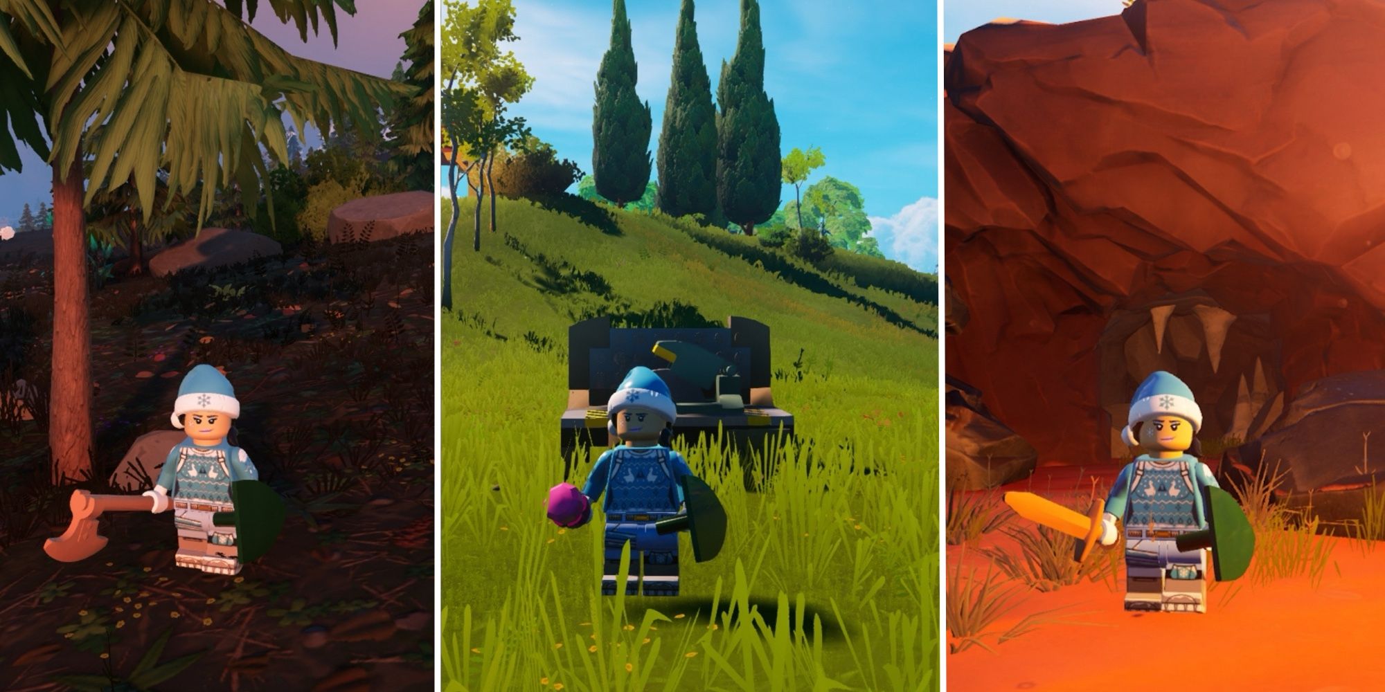 Avatar de Lego Fortnite parado frente a un banco de artesanía en el panel central, en el panel izquierdo un avatar parado cerca de un pino con un hacha mejorada y en el panel derecho un avatar parado en la entrada de una cueva de Dry Valley.  Todos estos intervienen para poder obtener madera de Frostpine.