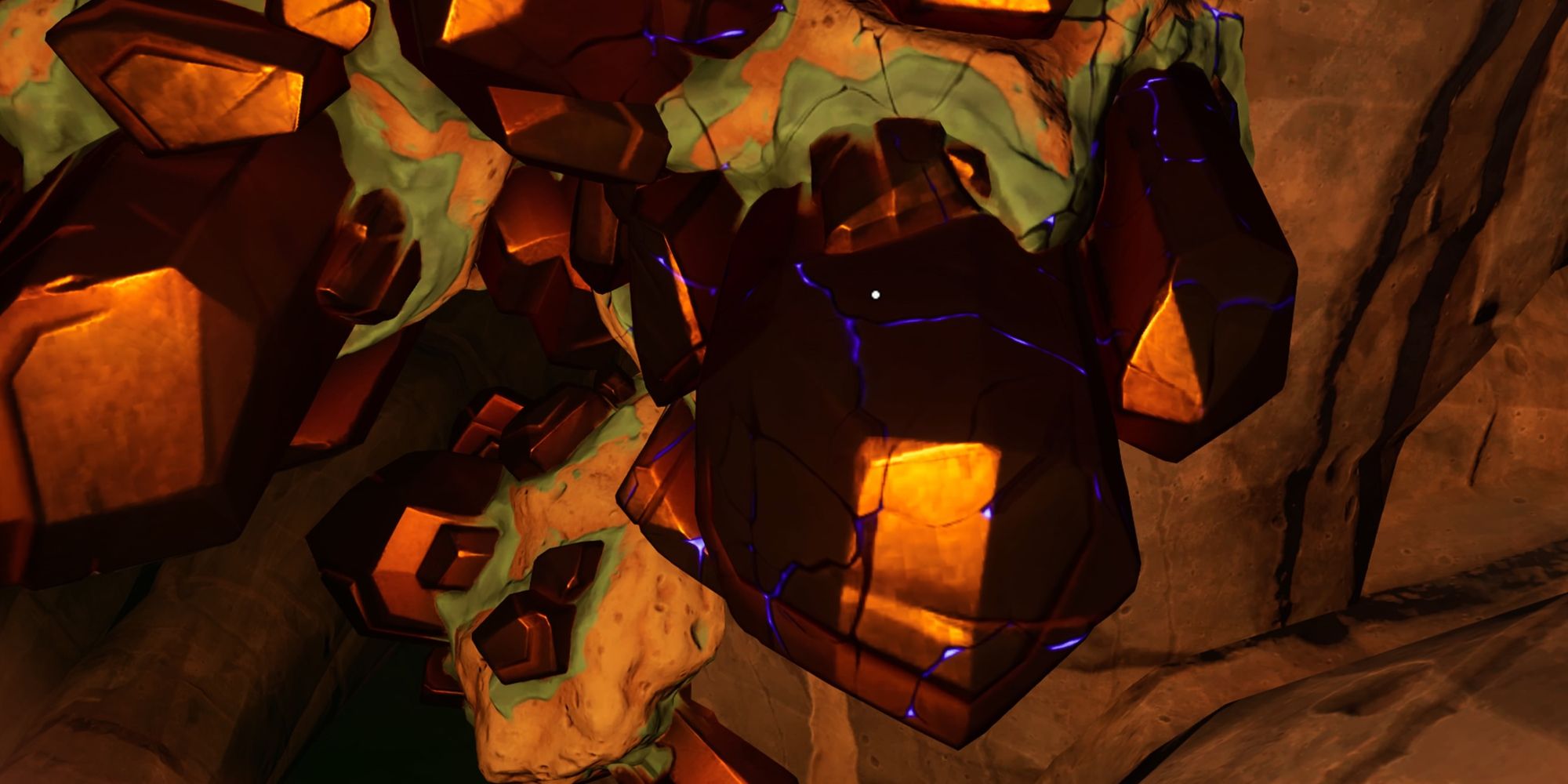 Mineral de cobre en una cueva en Lego Fortnite.