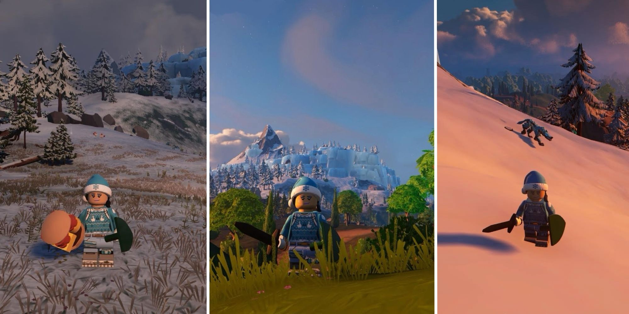 Avatar de Lego Fortnite con Frostlands en la distancia en el panel central, el panel izquierdo muestra el avatar con una hamburguesa picante y el panel derecho muestra un lobo ártico a poca distancia detrás del avatar.