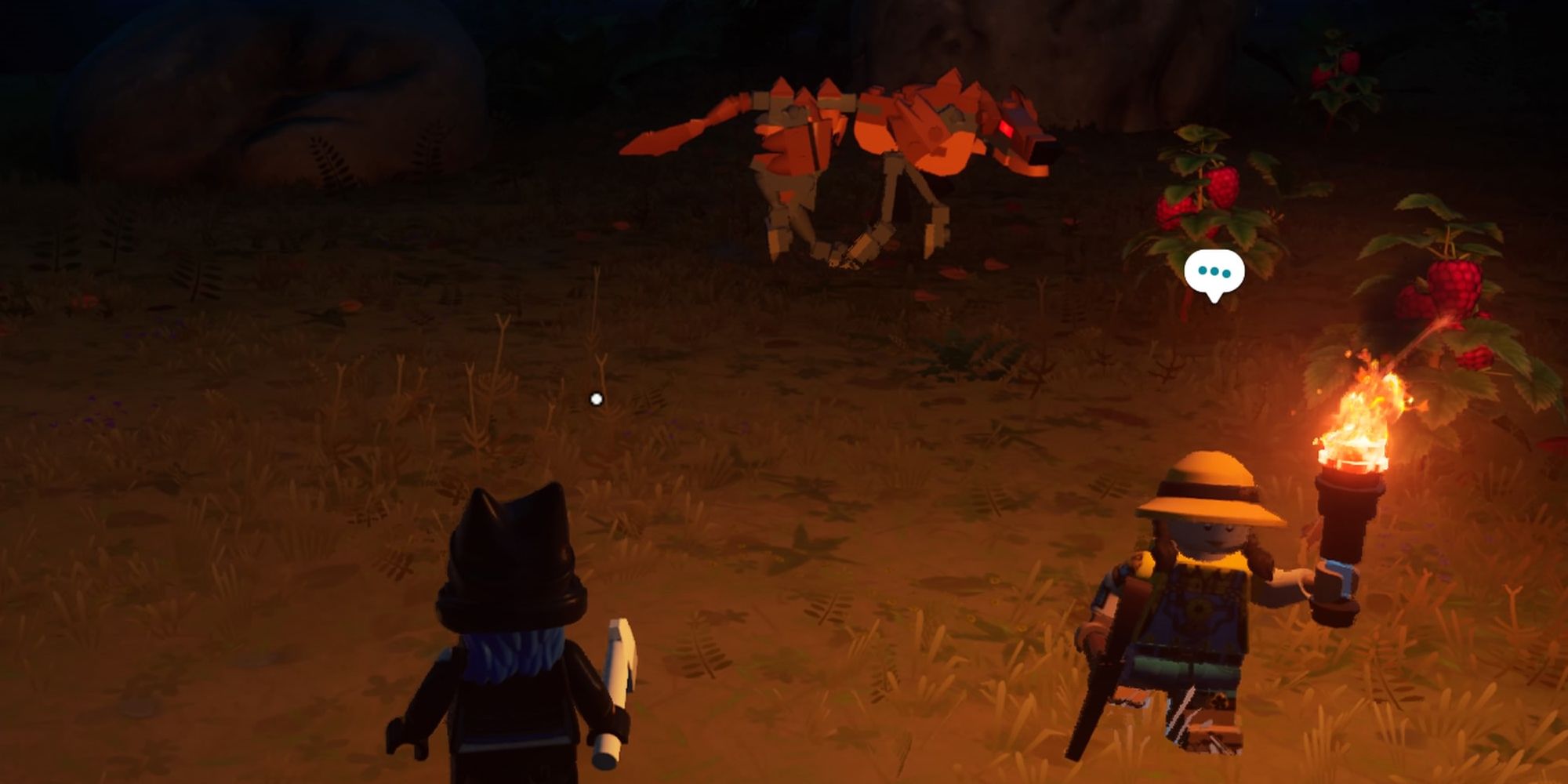 Dos personajes cerca de un Lobo de Arena en Lego Fortnite.