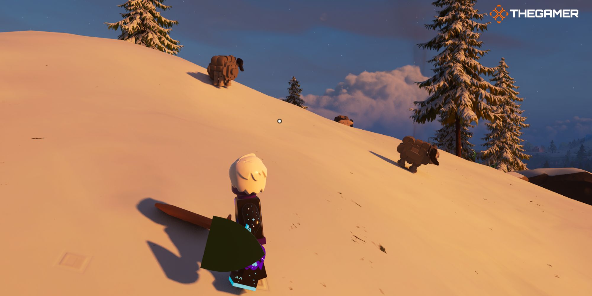Lego Fortnite: de pie en una colina en las tierras heladas cerca de algunos carneros
