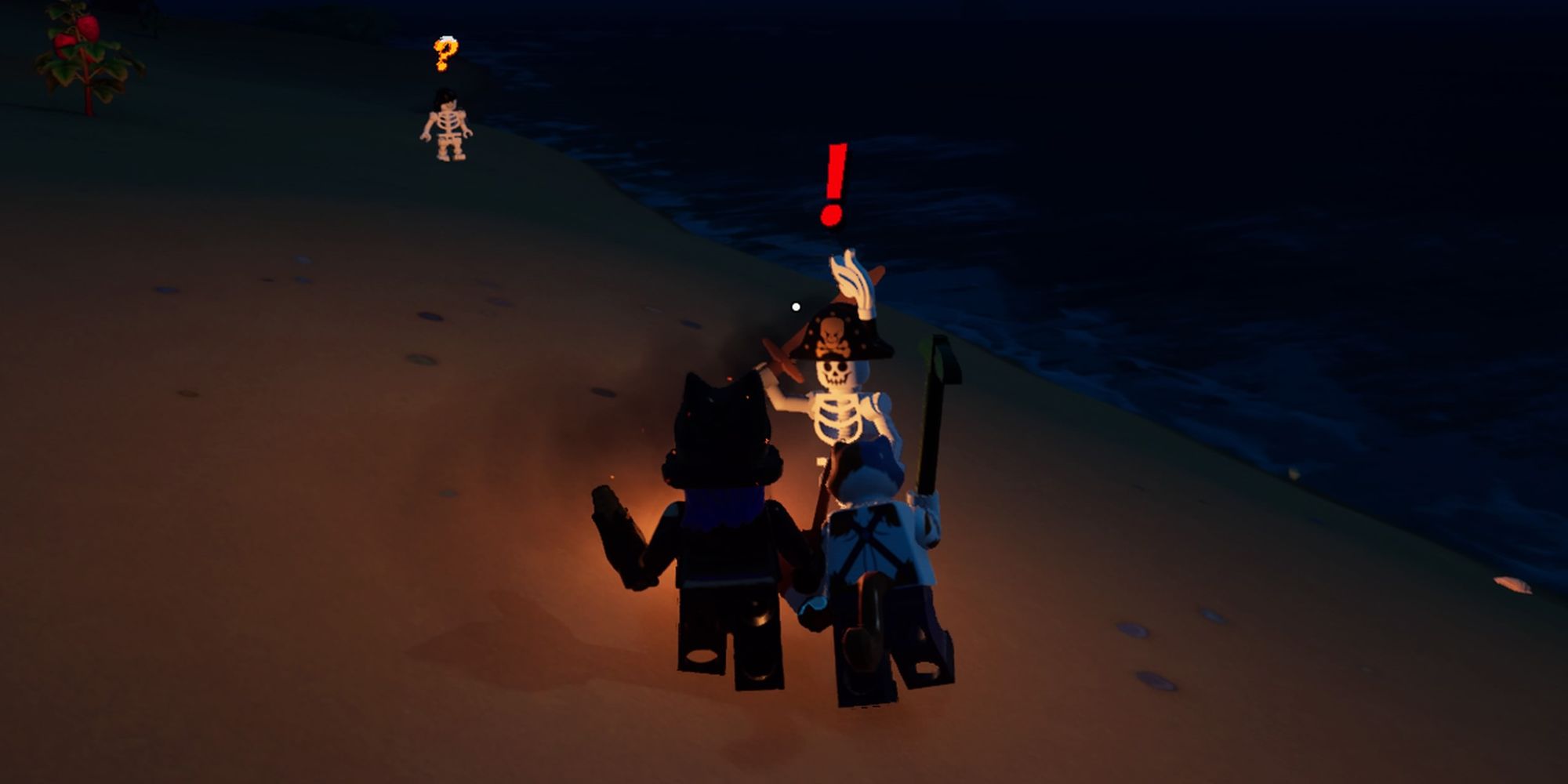Dos personajes atacando a un esqueleto en Lego Fortnite.