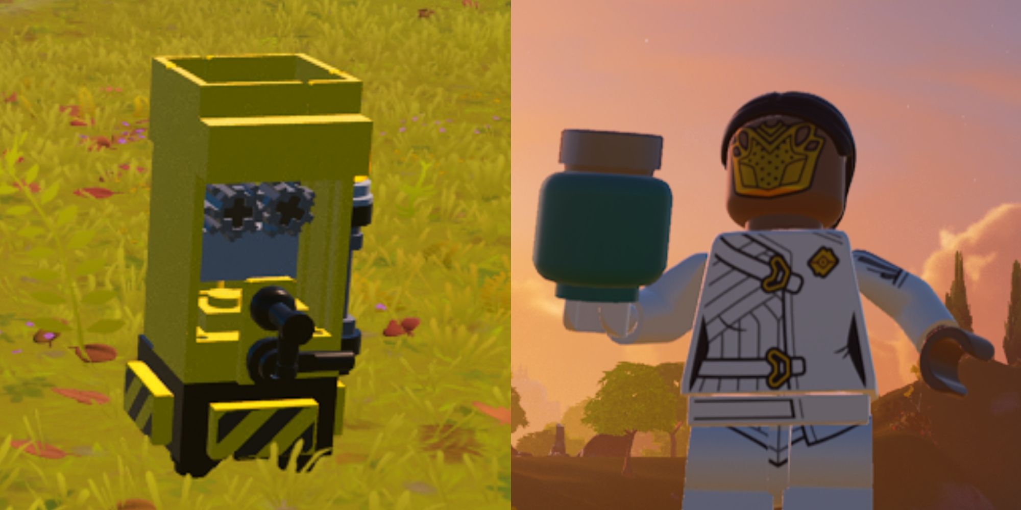 Exprimidor Lego Fortnite sobre el césped y jugador sosteniendo sorber jugo
