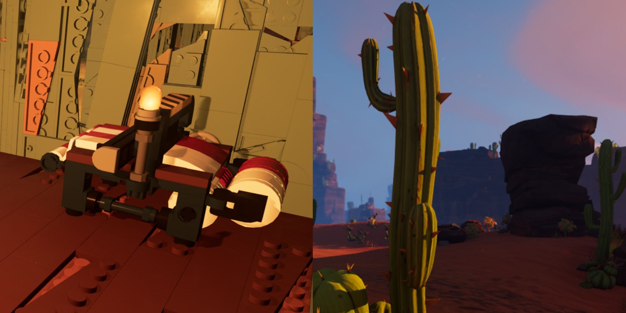 Un collage de The Loom en un edificio y el bioma Dry Valley en Lego Fortnite.
