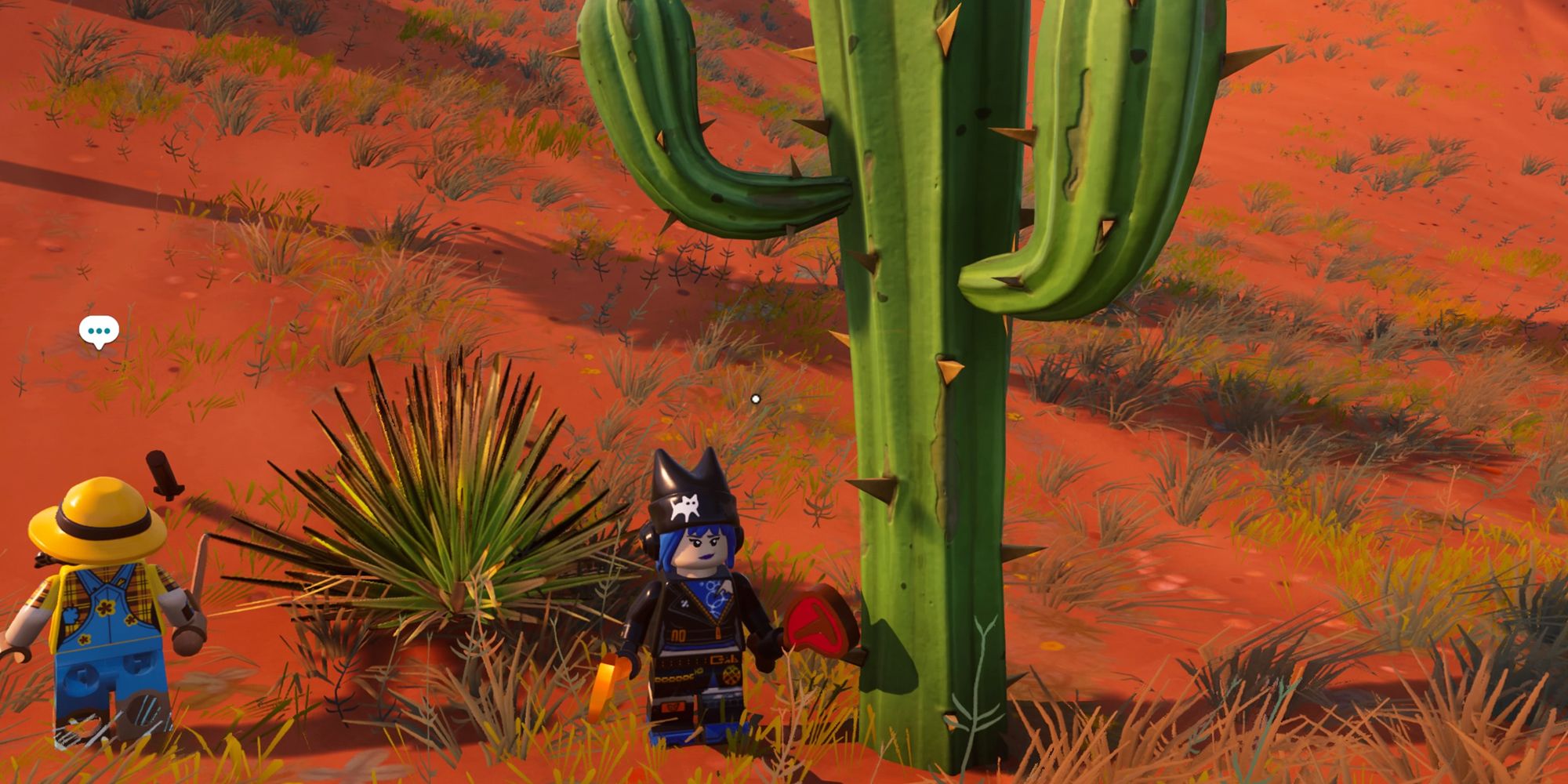 Un jugador y un NPC junto a un Cactus en Lego Fortnite.