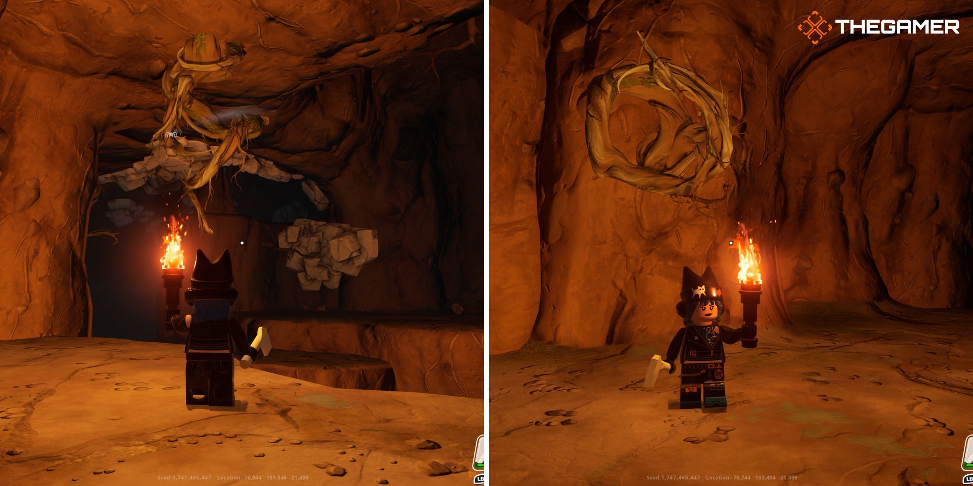 Lego Fortnite: Izquierda y derecha: de pie junto a un trozo de raíz de nudo bajo tierra