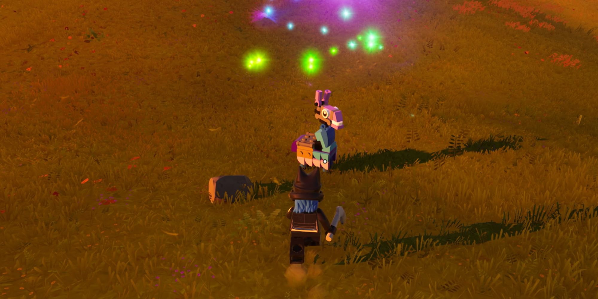 Un jugador corriendo hacia una llama botín en Lego Fortnite.
