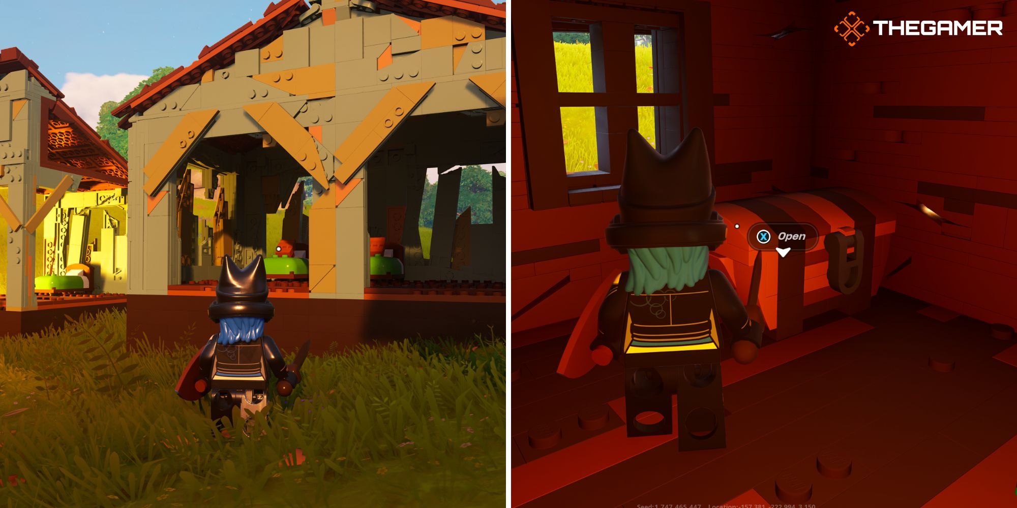 Lego Fortnite: Izquierda: parado frente a una casa construida con tablas, derecha: parado frente a un cofre construido con tablas