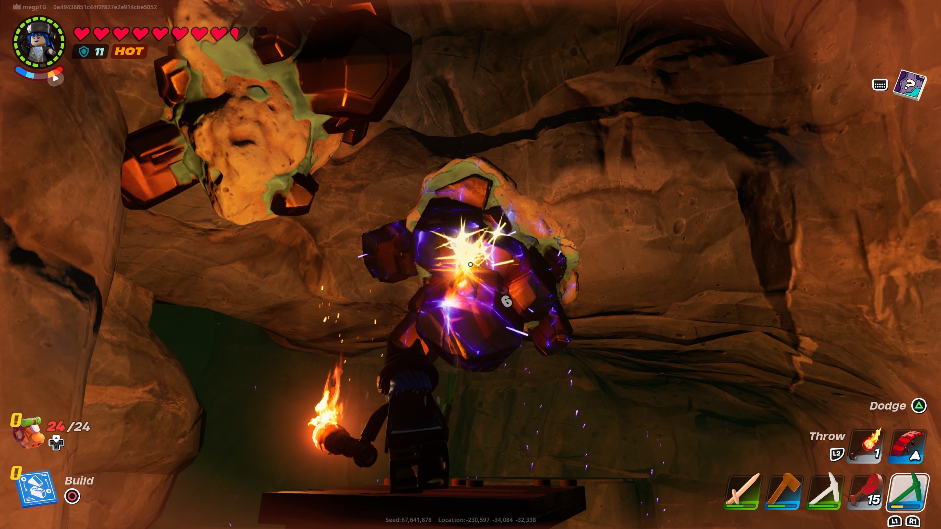 Un personaje extrayendo cobre dentro de una cueva en Lego Fortnite.-1
