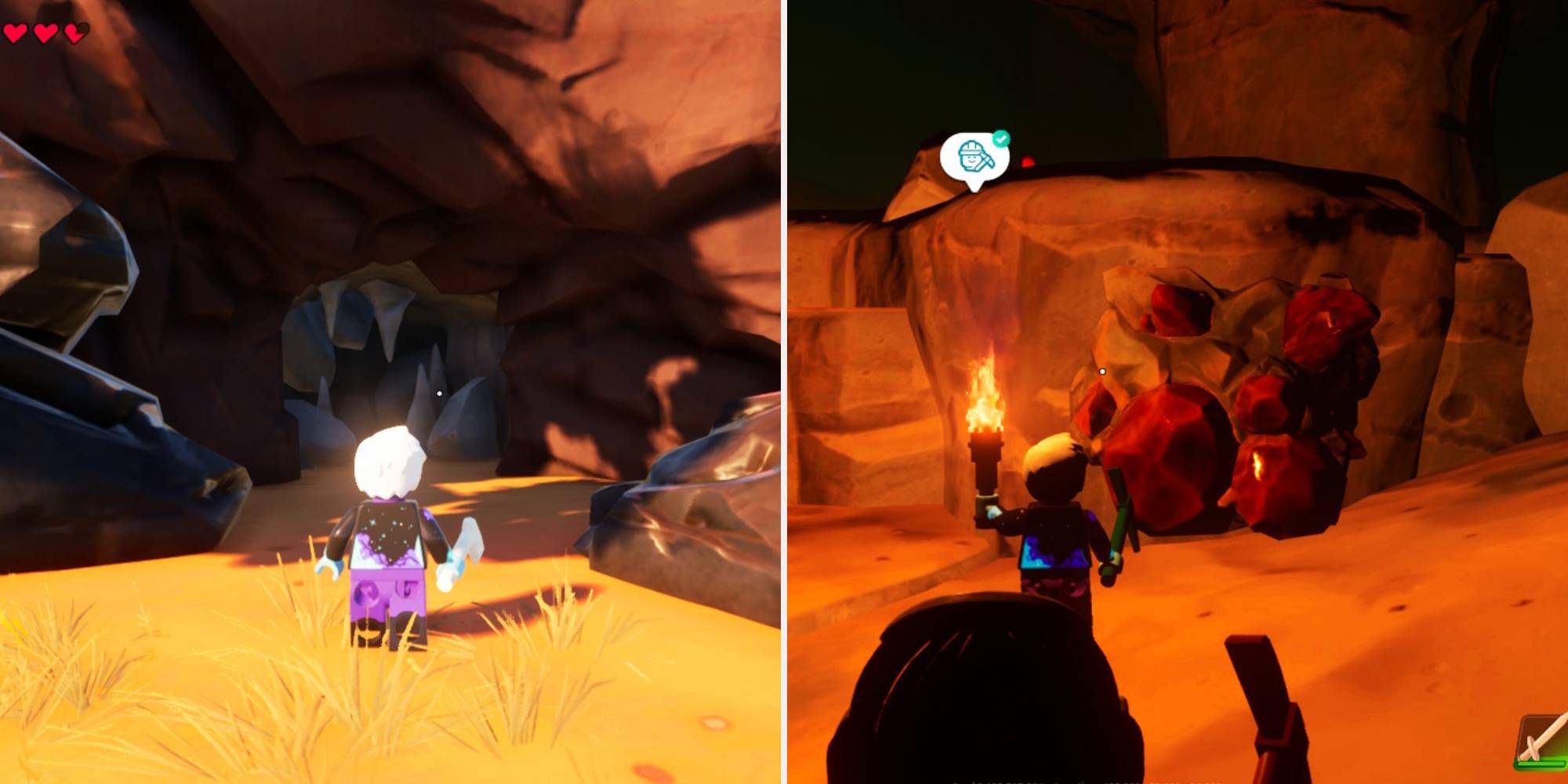 A la izquierda, un jugador de Lego mira fijamente una cueva.  Derecha, un jugador de Lego observa un depósito de mineral para Brightcore.