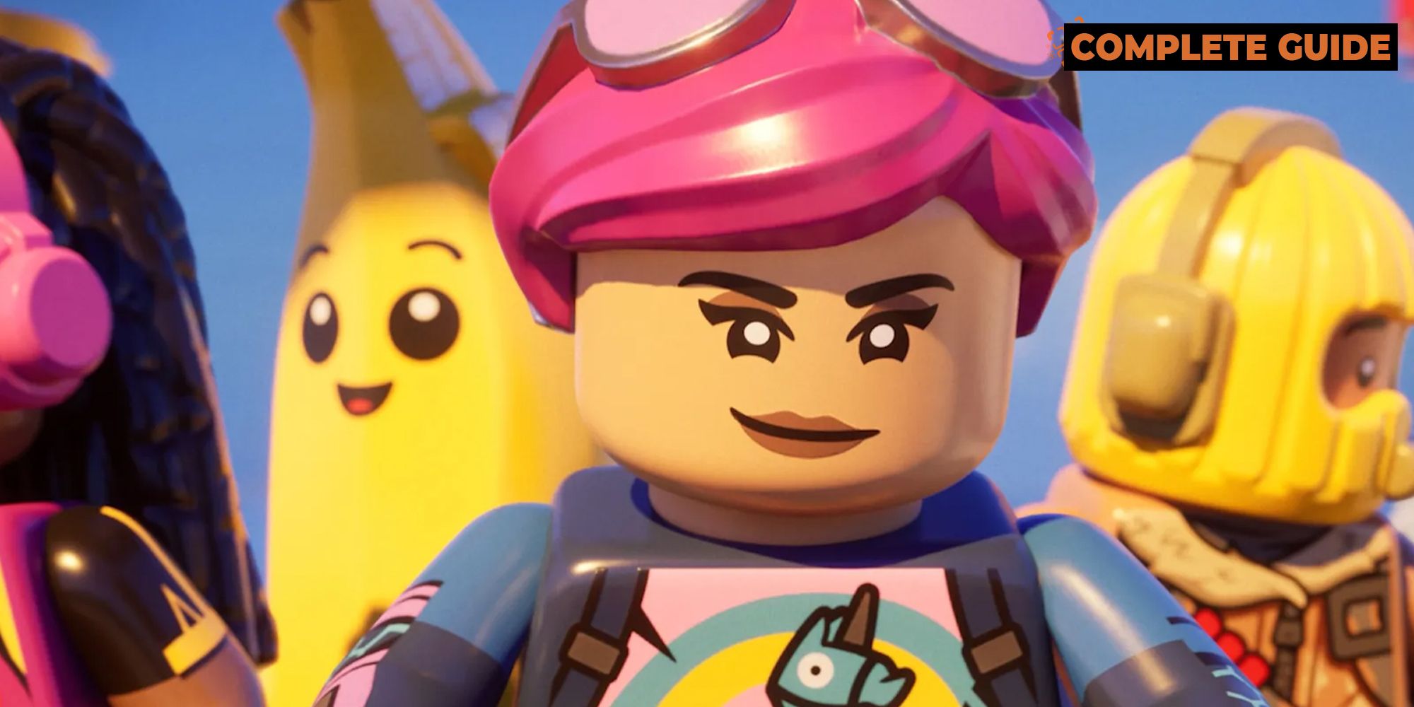Una imagen grupal de algunos personajes de Fortnite en Lego Fortnite con la superposición de 