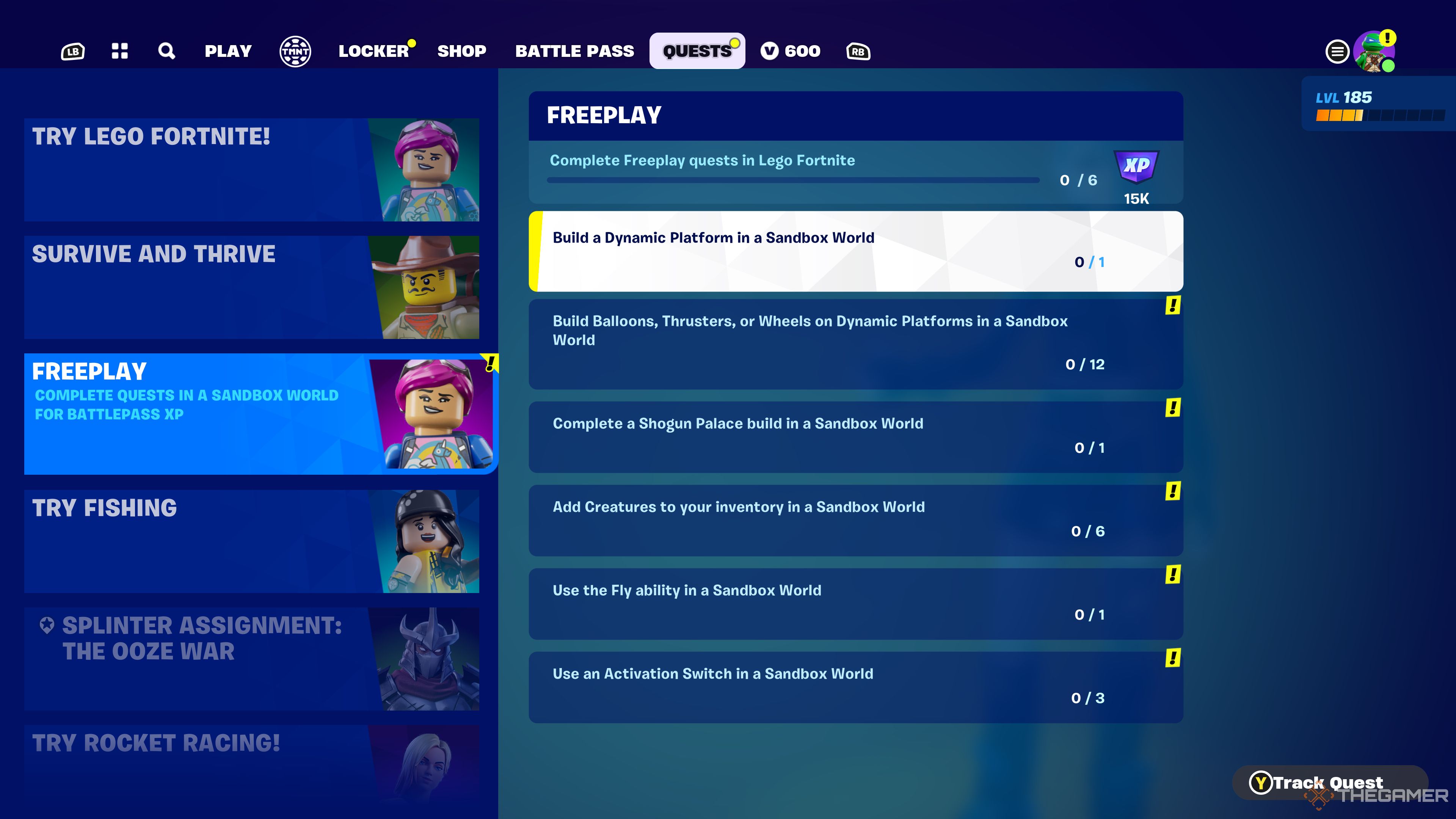 Captura de pantalla de las misiones de juego libre en Lego Fortnite