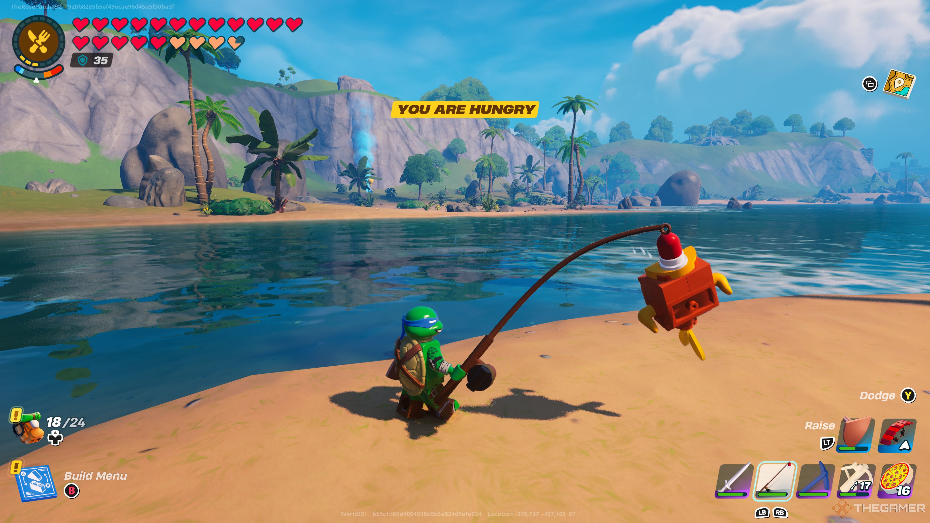 Atrapar un flopper naranja en la orilla en Lego Fortnite