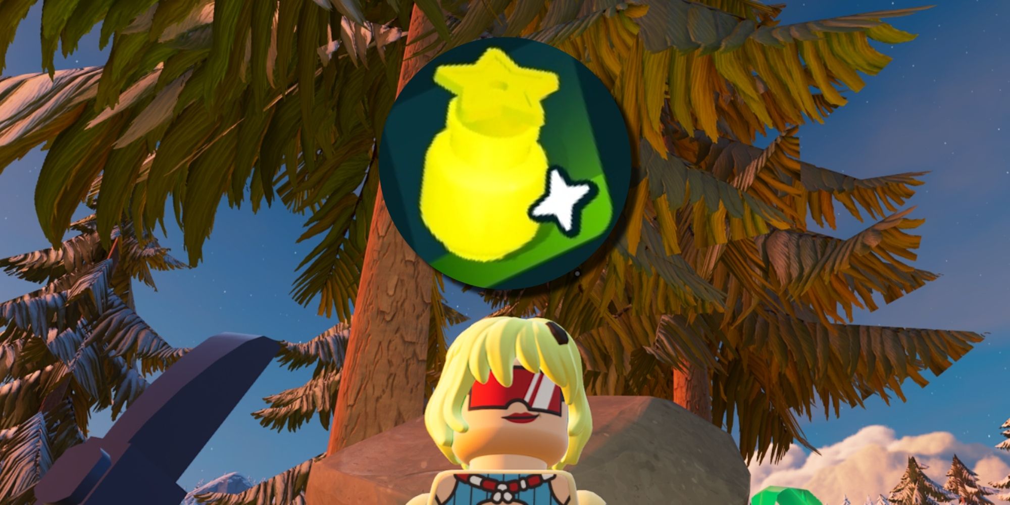 Jugador de Lego Fortnite con icono de iluminador encima de la cabeza