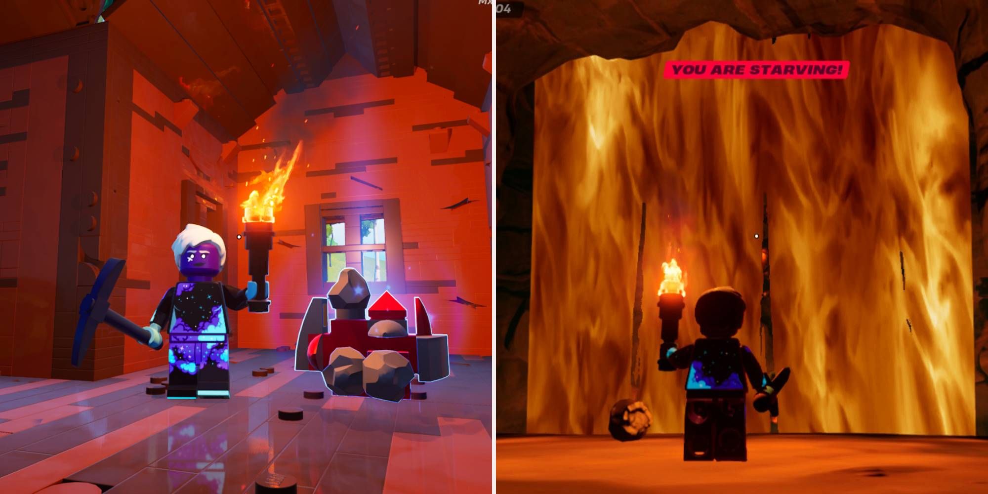 A la izquierda, un jugador de Lego parado junto a un trozo de Rough Ruby. Derecha, jugador de Lego parado frente a una cascada de lava.