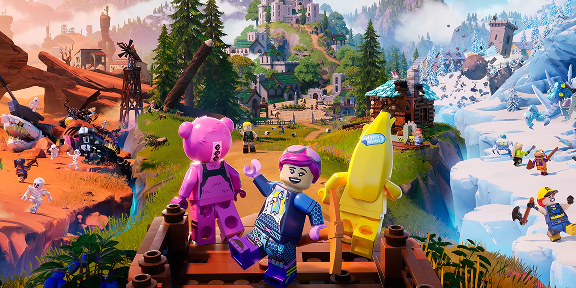 Una versión recortada de la obra de arte clave de Lego Fortnite que muestra tres personajes en primer plano sobre un fondo de los tres tipos de biomas diferentes.