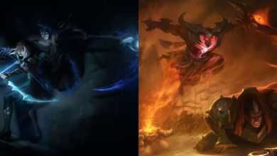 Legends of Runeterra split image of Kayn as Shadow Assassin killing Ashe and as Rhaast killing Darius