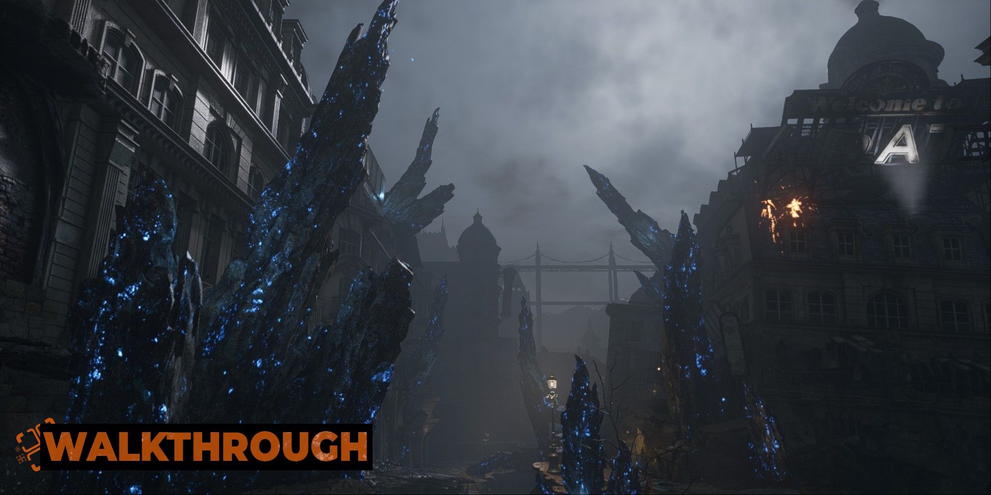 La escena de introducción a Krat colapsado muestra el signo parpadeante de Krat caído y cristales azules imponentes en Lies of P.