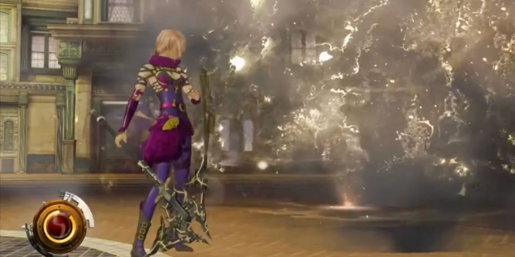 Lightning poses in the Purple Lightning garb after casting a powerful spell in Lightning Returns: Final Fantasy 13