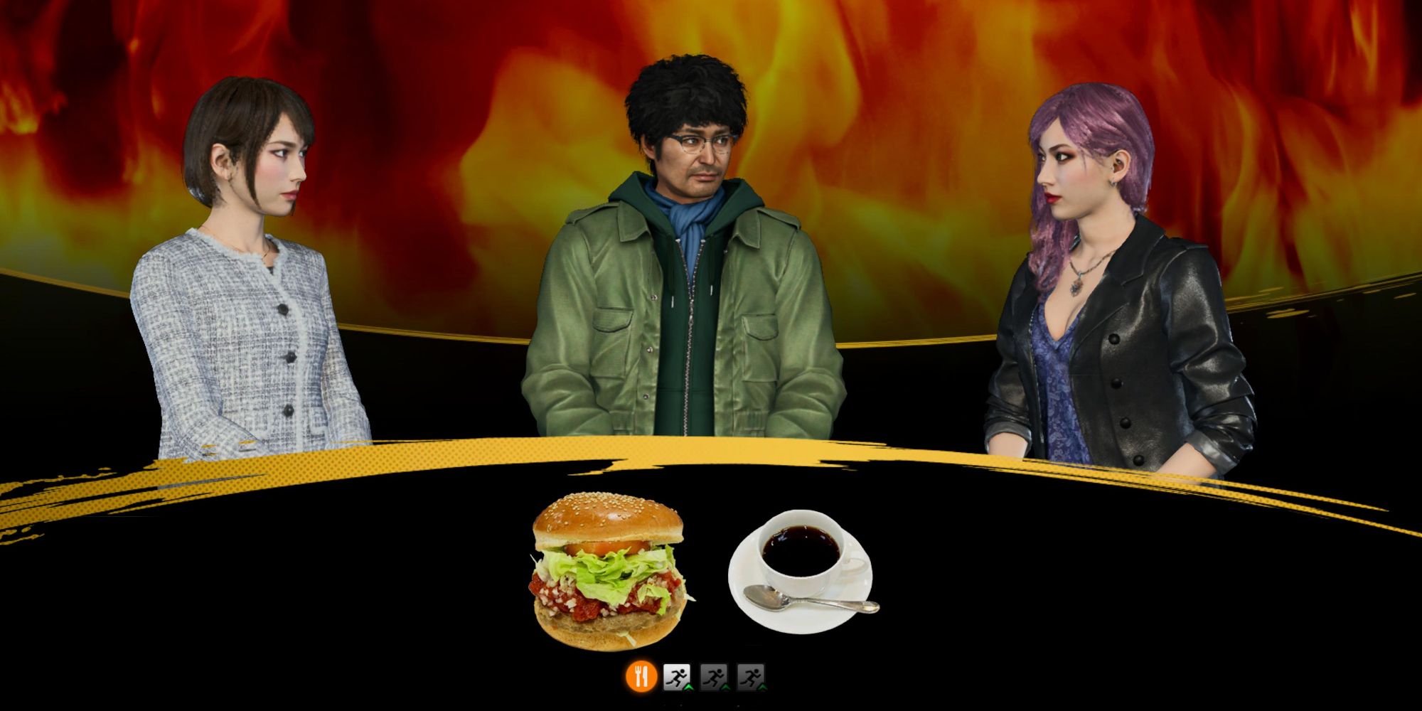   Like A Dragon Infinite Wealth, Saeko, Seonhee y Nanba conversan mientras comen una hamburguesa