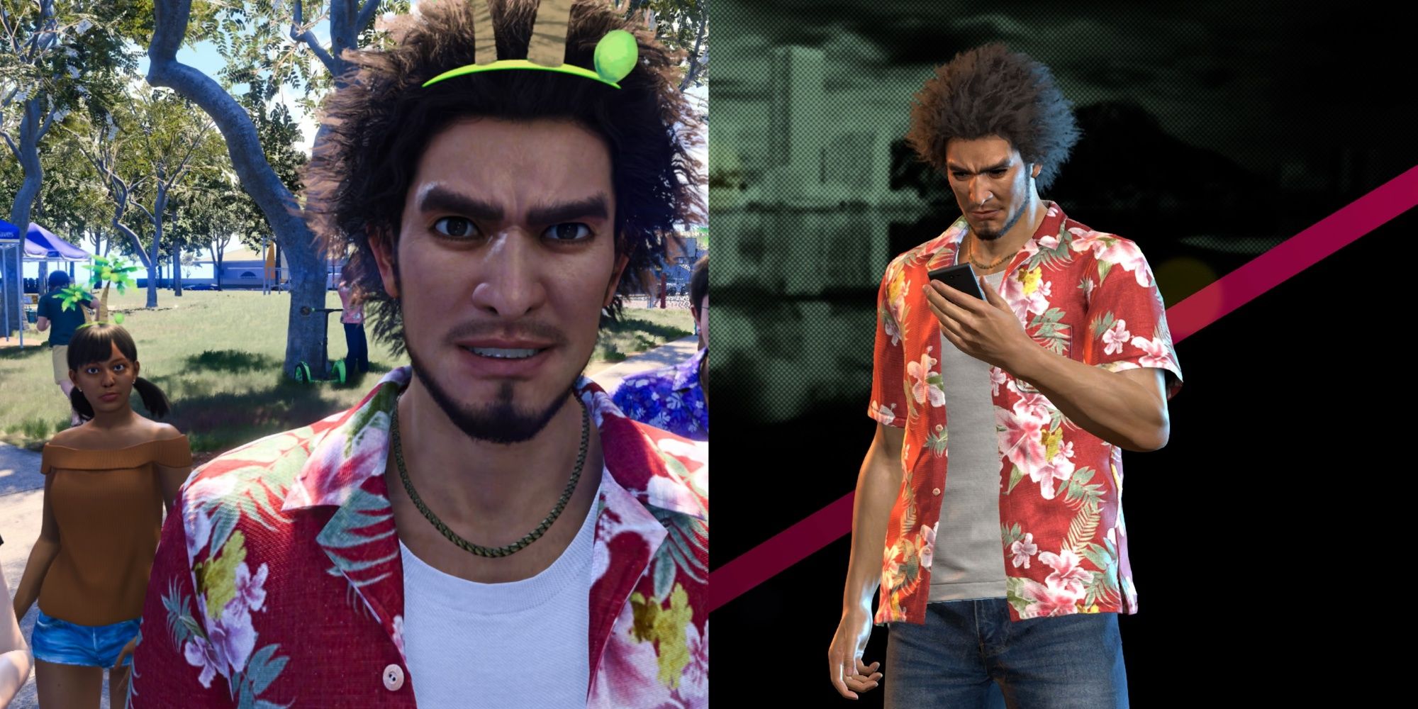 Imagen dividida que muestra a Kasuga tomándose una selfie con un filtro de palmera con un amigo de Aloha Link y Kasuga revisando su teléfono contra un fondo negro en Like A Dragon: Infinite Wealth.