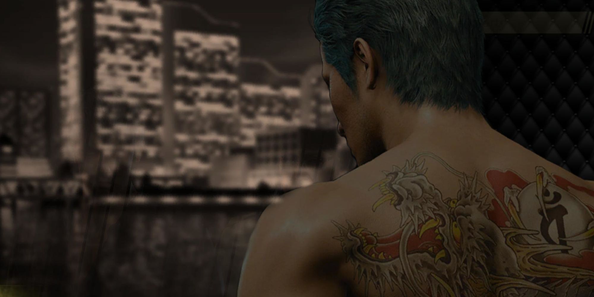 Como A Dragon Infinite Wealth, Kiryu de espaldas al espectador, mirando hacia Yokohama.