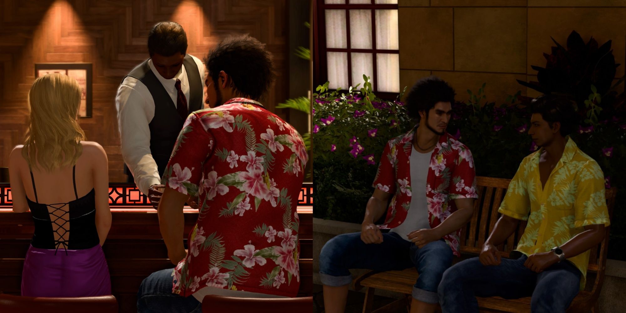 Imagen dividida que muestra a una mujer rubia con un vestido rosa y Kasuga bebiendo juntos en un bar y luego Kasuga y un hombre con una camisa amarilla hablando juntos en un banco en Like A Dragon: Infinite Wealth.
