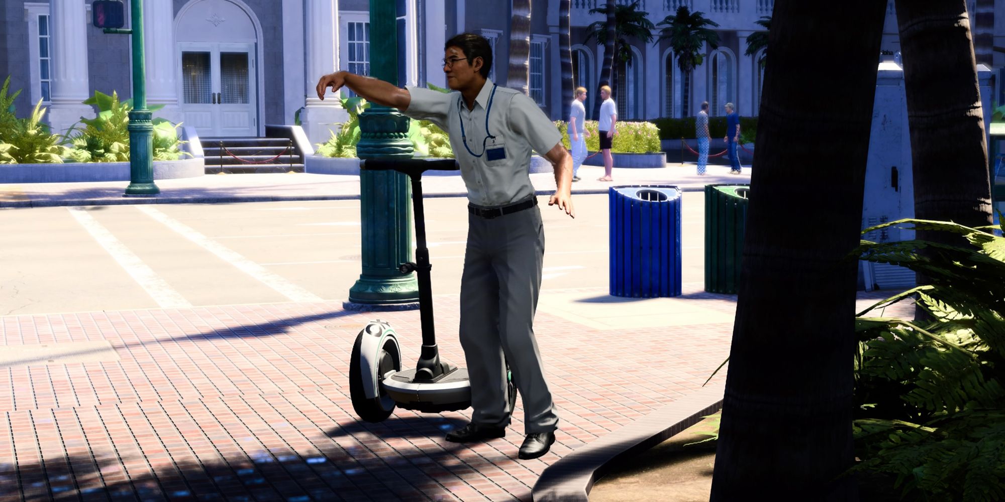 Un hombre junto a un segway surfista callejero en Like a Dragon Infinite Wealth.